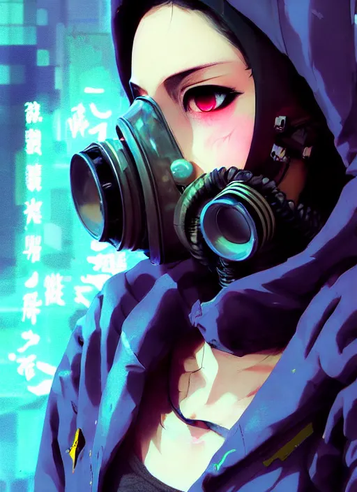 Image similar to cyberpunk anime girl in hoodie, cyberpunk gas mask, 3 / 4 shot, street night, grafity, beautiful face, grafity, arcane, action, tokyo street, detail, good face, pose model, concept art, in style of yoji shinkawa, pan ren wei, col price, atey ghailan, by greg rutkowski, aesthetic
