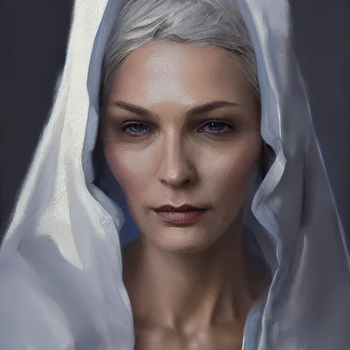 Image similar to An oil painting of a stunningly beautiful female dressed in priest robes, 50 years old, short grey hair, trimmed beard, sharp facial features, beautiful, highly detailed, by Cédric Peyravernay, by greg rudkowski, trending on artstation