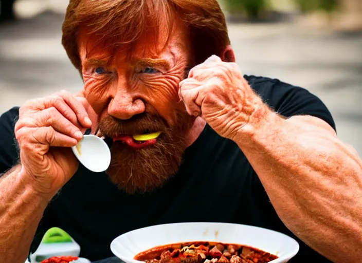 Prompt: photo of chuck norris eating chili, 8 k, 8 5 mm f 5. 6