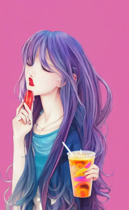 Image similar to a kawaii woman with rainbow hair, happy, summer time, holding boba tea drink, soft eyes and narrow chin, dainty figure, long hair straight down, kawaii shirt and jeans, basic white background, In style of by Jordan Grimmer and greg rutkowski, crisp lines and color