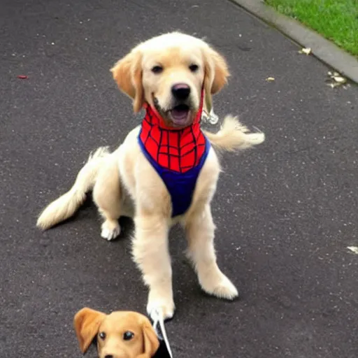 Prompt: golden retriever dressed as spiderman