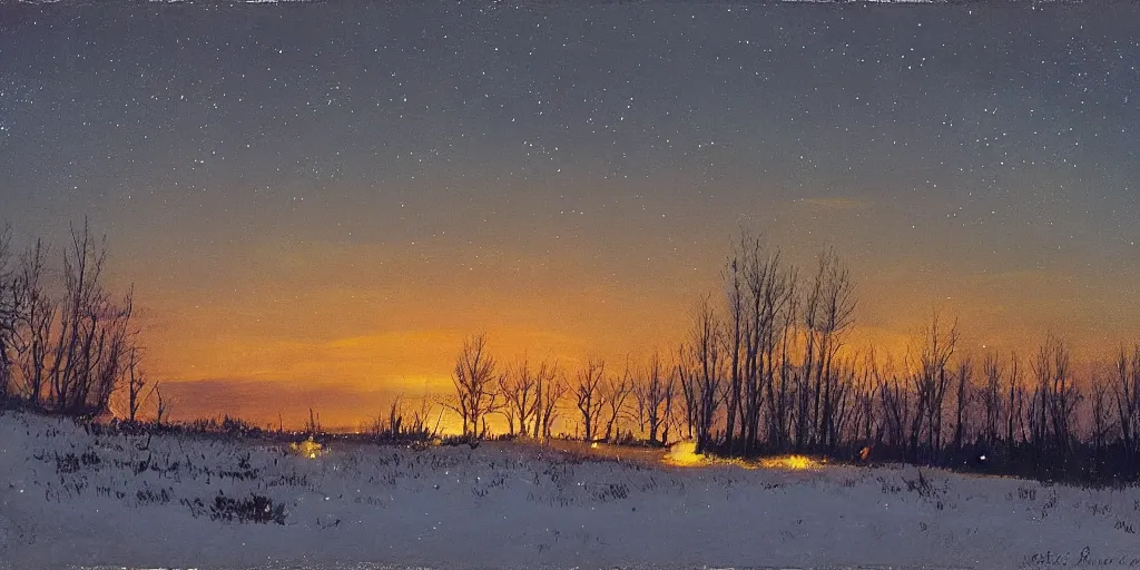 Prompt: “Eastern Front battlefield, nighttime, winter, illuminating flare shot up into the sky, stars visible, painting in the style of Isaac Levitan”