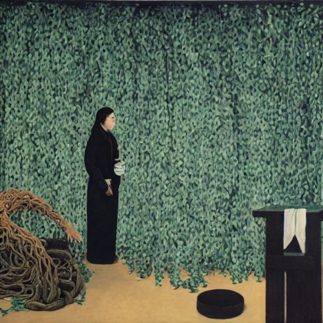 Image similar to a female pathology student in her apartment, wrapped in vines, medical equipment, stepping stones, octopus, fur seal, black walls, ikebana, black armchair, sculpture, acrylic on canvas, surrealist, by magritte and monet