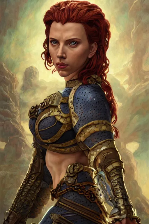 Prompt: A fantasy comic book style portrait painting of Scarlett Johansson as an Atlantean Reptilian Warrior, Mystical Valkyrie, unreal 5, DAZ, hyperrealistic, octane render, Regal, Refined, Detailed Digital Art, RPG portrait, William-Adolphe Bouguereau, Michael Cheval, Walt Disney (1937), François Boucher, Oil Painting, Steampunk, dynamic lighting, Highly Detailed, Cinematic Lighting, Unreal Engine, 8k, HD