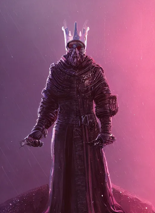 Image similar to a full length portrait of an old medieval king on the cyberpunk throne, dark purple color scheme, grim - lighting, high - contrast, intricate, elegant, highly detailed, digital painting, artstation, concept art, smooth, sharp focus, illustration