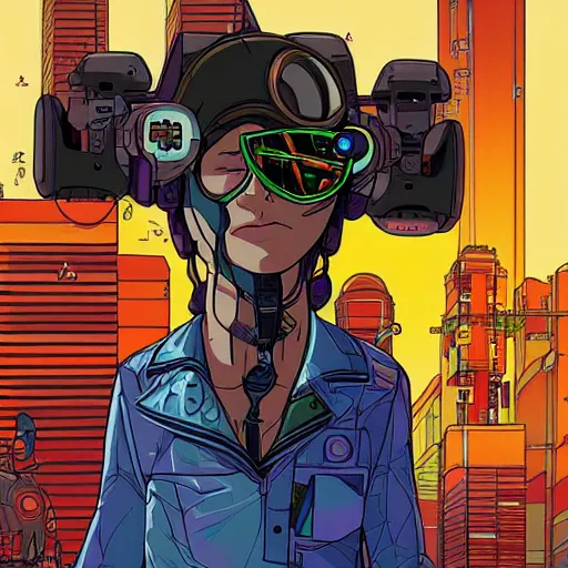 Image similar to ps2 screenshot of young cyberpunk explorer wearing futuristic headpiece, in the style of by Josan Gonzalez and Geof Darrow, highly detailed, high quality, HD, 4k, 8k, realistic, sharp, trending