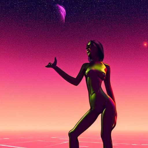 Image similar to A wide angle shot from below of a feminine body walking with swagger towards camera on mars in an infinite universe , synthwave digital art