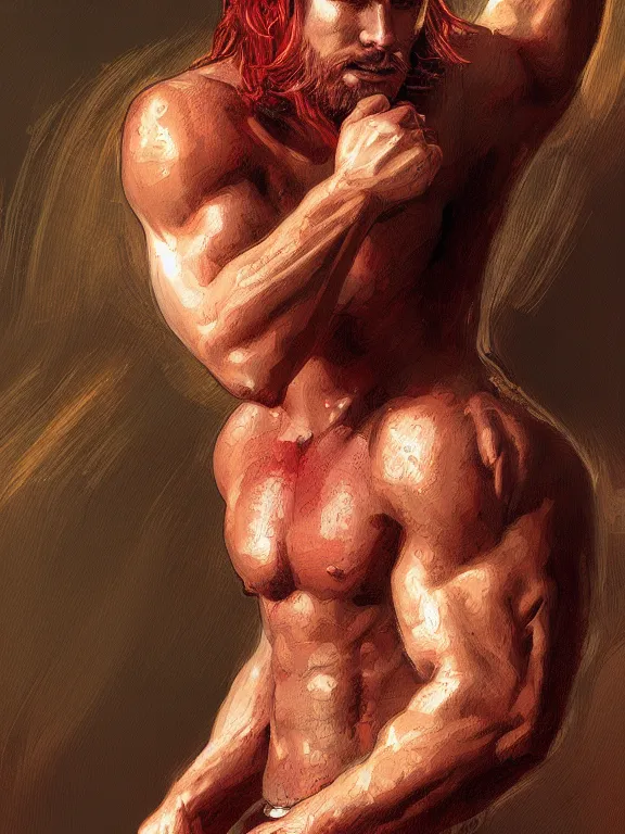 Image similar to painted portrait of rugged tobi maguire god of thunder, norse god, red hair, masculine, mature, handsome, upper body, red and gold, muscular, hairy torso, fantasy, intricate, muscular, elegant, highly detailed, digital painting, artstation, concept art, smooth, sharp focus, illustration, art by gaston bussiere and alphonse mucha