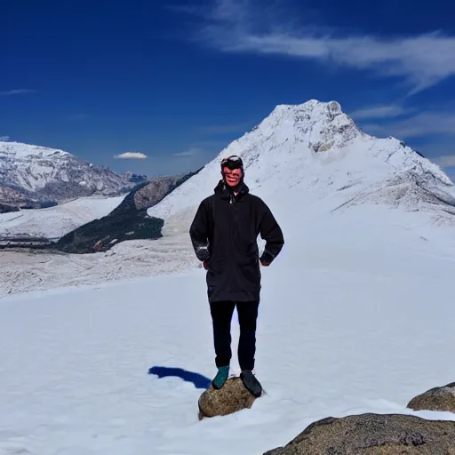 Prompt: man standing on rocks covered with snow mountain top in background