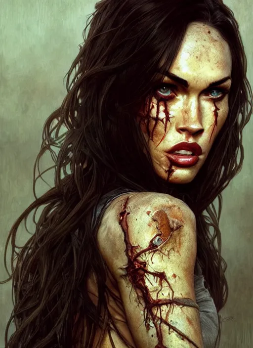 Prompt: portrait of megan fox as damaged zombie, irish, once upon a time, intricate, headshot, highly detailed, digital painting, artstation, concept art, sharp focus, cinematic lighting, illustration, art by artgerm and greg rutkowski, alphonse mucha, cgsociety