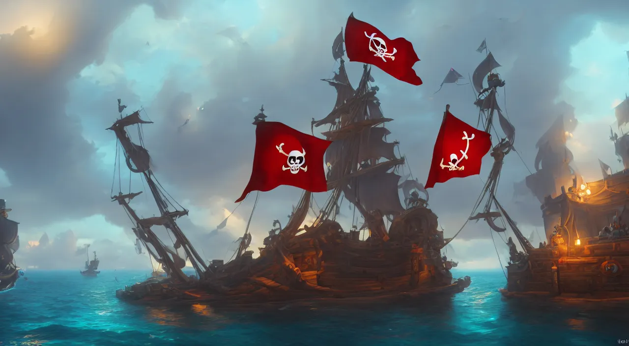 Prompt: a wide shot of a 3d cartoon pirate standing on the front of the ghost ship with the Jolly Roger flag in the middle of the ocean, volumetric lighting, fantasy art overwatch and heartstone, by RHADS, cgsociety, matte painting, artstation hq, octane render, 8k, 3D CGI game art