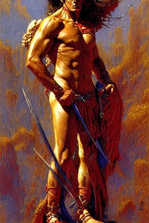 Image similar to warrior, male, character design, painting by jean giraud, gaston bussiere
