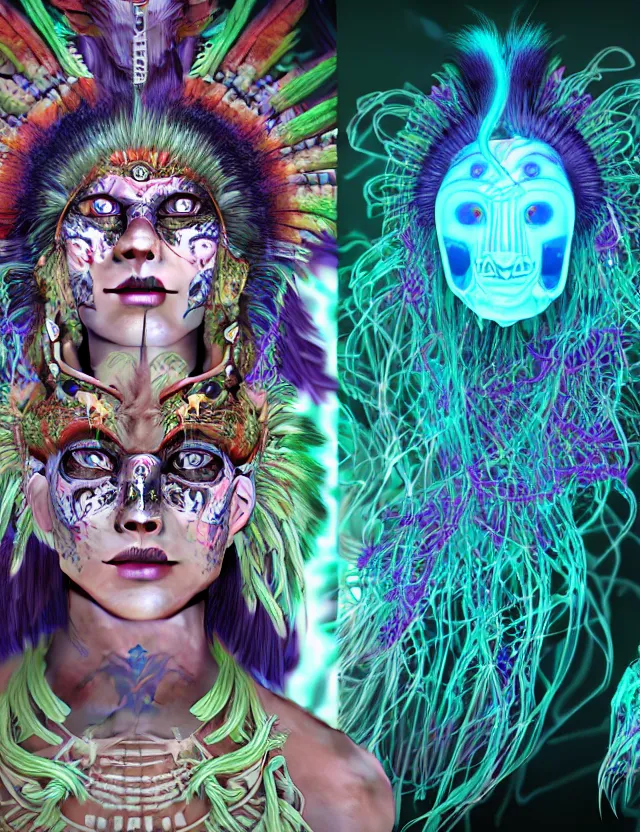 Prompt: 3 d goddess close - up profile portrait amazonian punk with mohawk with ayahuasca skull. beautiful intricately detailed ayahuasca kitsune mask and sacred amazon shaman kimono. bio - luminescent jellyfish phoenix puma, plasma, ice, water, wind, creature, artwork by tooth wu and wlop and beeple and greg rutkowski