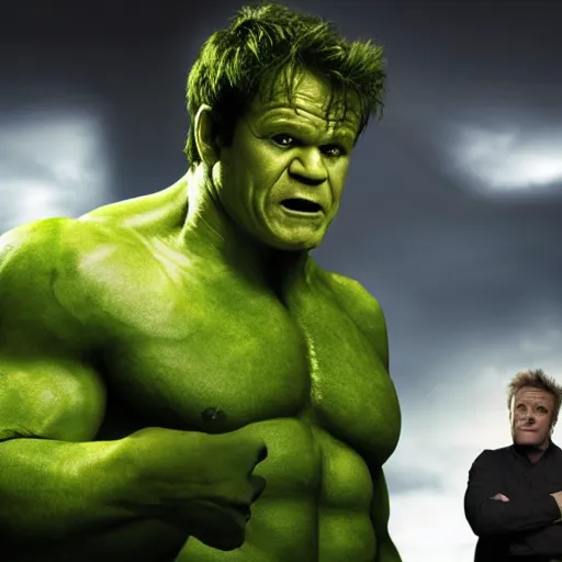 Prompt: gordon ramsey starring as the incredible hulk, movie still, 8 k