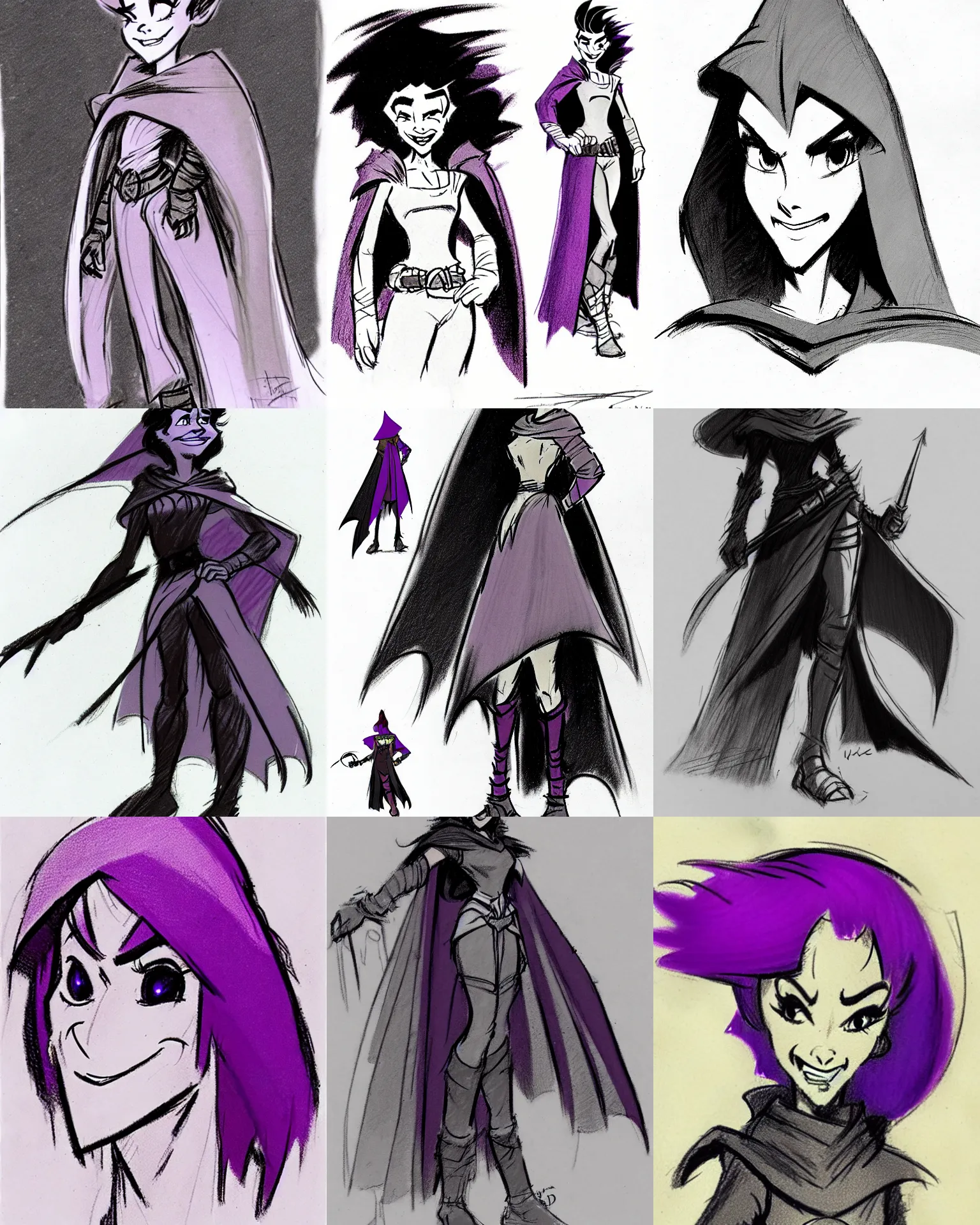 Prompt: milt kahl sketch of rugged girl, adventurer large cloak, dnd fantasy, undercut hairstyle, short purple to black fade hair