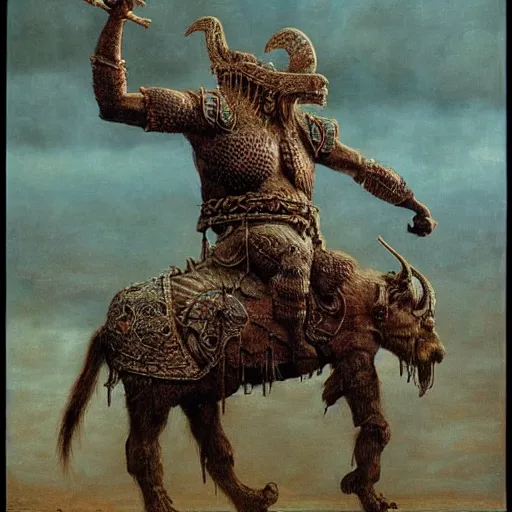 Image similar to ancient norse mammoth rider, wearing norse armor, intricated, hyper detailed, beksinski