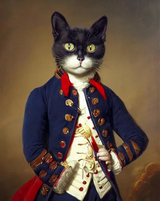 Image similar to dark brown cat with serious expression wearing 1 8 th century royal guard uniform in navy blue and red, joseph ducreux, greg rutkowski, regal, stately, royal portrait, painting