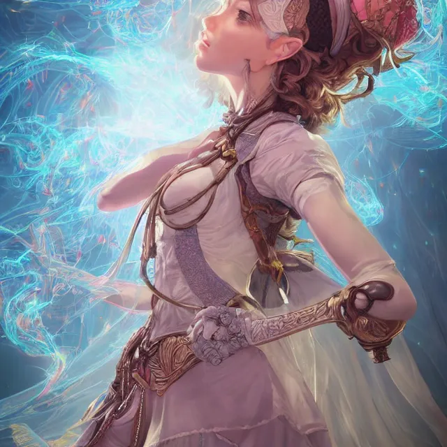 Image similar to studio portrait of neutral good colorful female cleric bard healer as absurdly beautiful, elegant, young skinny gravure idol, ultrafine hyperrealistic face illustration by kim jung gi, irakli nadar, intricate linework, sharp focus, bright colors, matte, octopath traveler, final fantasy, unreal engine highly rendered, global illumination, radiant light, intricate environment