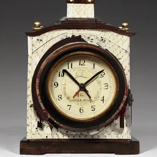 Prompt: an alarm clock from the 1800s that is made of human teeth