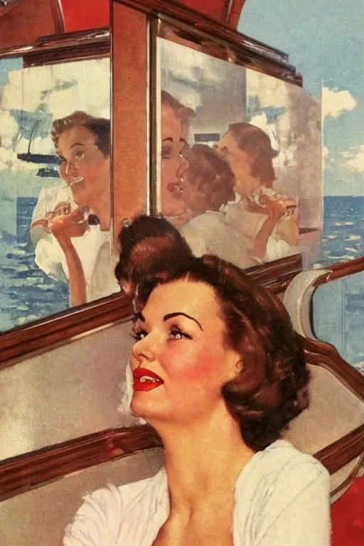 Prompt: portrait of a woman!! looking at the camera! brown hair!!!, eyes open!!, god rays! on a 1950s! ocean liner!! by norman rockwell, oil paint