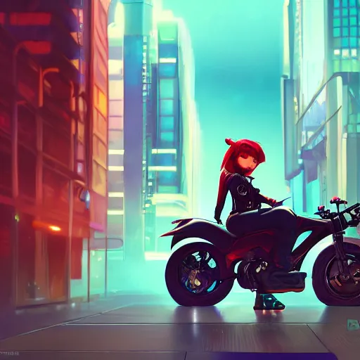 Image similar to Portrait of a cyberpunk furry girl sitting on a motorcycle, mattepainting concept pixar maya engine on stylized background splash comics global illumination lighting artstation lois van baarle, ilya kuvshinov, rossdraws