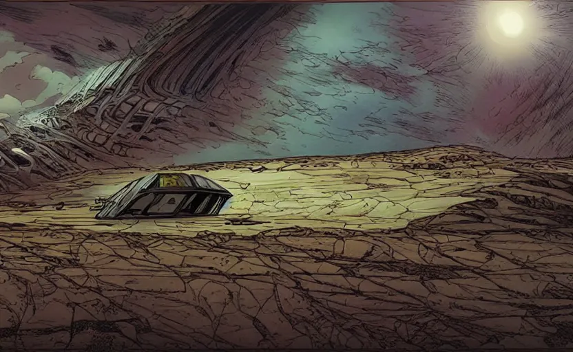 Prompt: very detailed, prophet graphic novel, simon roy, illustration of a giant crashed space ship on a desert planet, wide shot