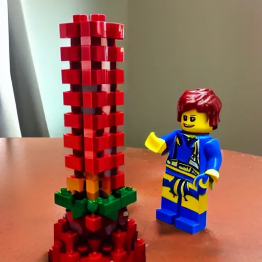 Image similar to a little boy lego minifigure with red hair builds a tower out of lego