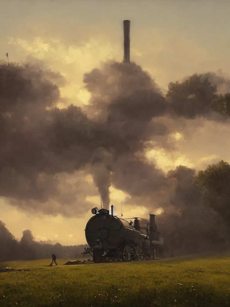 Image similar to a matte painting of steam machine in summer, matte painting, dusk, drama, by rozalski and peter ilsted, artstation