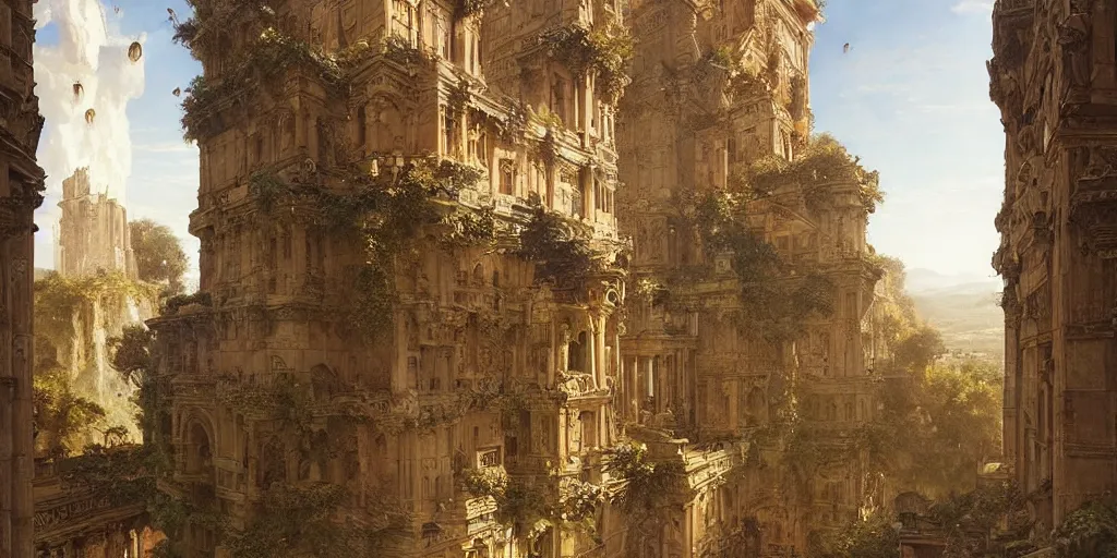 Image similar to tons of people falling down from a huge biblical tower, golden ratio composition, sense of awe, art by ferdinand knab, greg rutkowski, john william waterhouse, religious, sunlight, highly detailed, intricate details