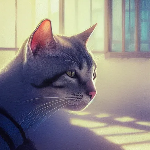 Prompt: closeup portrait of a cat sitting next to a swimming pool, bright, reflections, intricate, sharp focus, lens flare, bloom, illustration, highly detailed, digital painting, concept art, matte, art by ruan jia and wlop and greg rutkowski, masterpiece