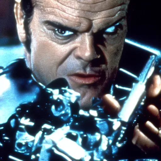 Prompt: Jack Nicholson plays Terminator, epic action scene where his endoskeleton gets exposed, still from the film, cinematic, 80s