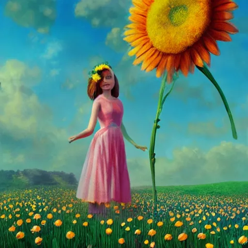 Image similar to giant daisy flower as head, full body, girl standing in a flower field, surreal photography, sunrise dramatic light, impressionist painting, colorful clouds, digital painting, artstation, simon stalenhag, flower face