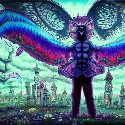 Prompt: A centered chest up portrait of a psychedelic godlike mothman with giant mandala wings smoking a hand-rolled cigarette smoking heavily , magic mushroom village in background , award winning. superb resolution. in the art style of junji Ito and greg rutkowski . Detailed Mushroom city in background. Hyper realistic anime. Perfect art. Dalle2