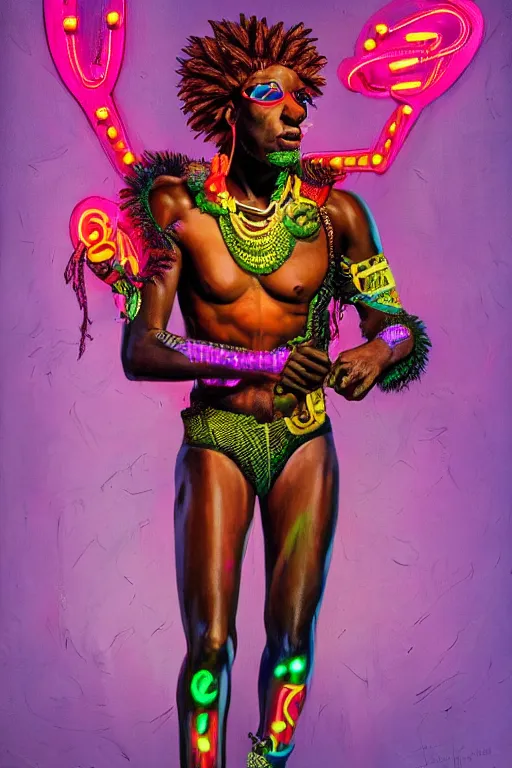 Prompt: detailed full body concept illustration of an African male with body augmentations, strong neon lighting, Afrofuturism, extravagant feathered collar, by glenn fabry, hyper realistic, HD, oil on canvas