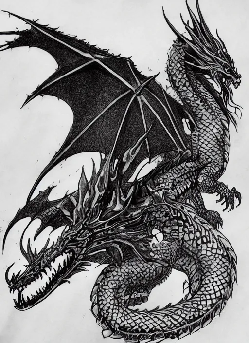 Image similar to highly detailed picture of great dragon, sketch tattoo, dark, black theme, japan style, highly detailed, masterpiece, trending on artstation, golden ratio, cinematic romantic magical, perfect intricate