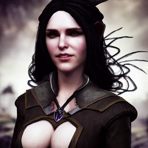 Image similar to yennefer as a medieval fantasy tolkien elf, dark purplish hair tucked behind ears, wearing leather with a fur lined collar, wide face, muscular build, scar across the nose, cinematic, character art, real life, 8 k, detailed.