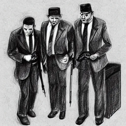 Image similar to A drawing of Kazakh mafia in stylish Italian suits with Tommy guns, smoking cigars