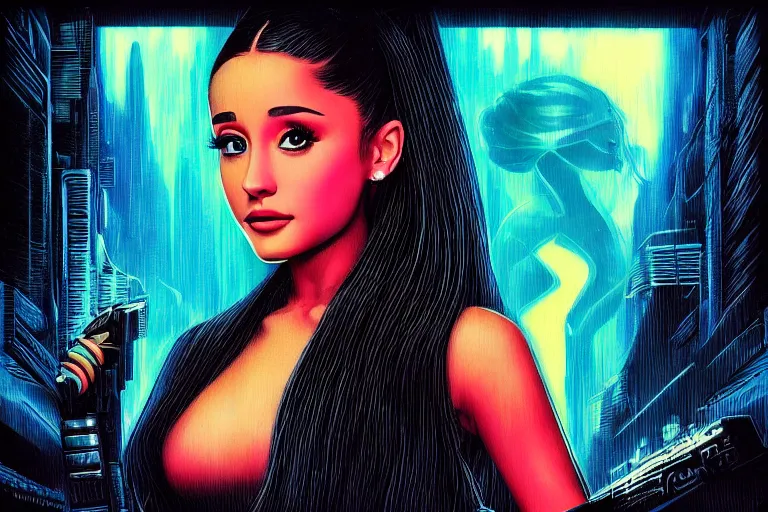 Prompt: ariana grande in the style of johan grenier and john picacio and alan m. clark, trending on artstation, bioluminescence tilt - shift blade runner 2 0 4 9, crayon art, futuresynth, splash art, post - minimalism