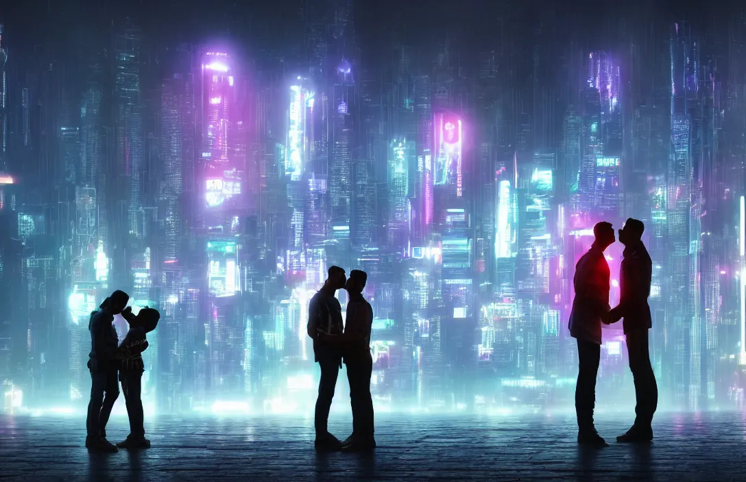 Prompt: men kissing in front of a foggy view of cyberpunk style future city, neon lights, a hyper realistic professional photographic view,very beautiful scenery, very realistic painting effect, hd, hdr, cinematic 4k wallpaper, 8k, ultra detailed, high resolution,