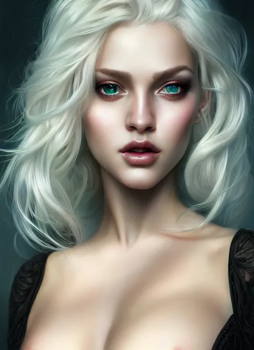 Prompt: a beautiful portrait, sexy fantasy. professionally retouched, soft lighting, wearing sexy black dessous, realistic, hyperrealistic hyperdetailed smooth face, perfect green eyes, long white hair, wide angle, sharp focus on the eyes, 8 k high definition, insanely detailed, intricate, elegant, art by artgerm and wlop