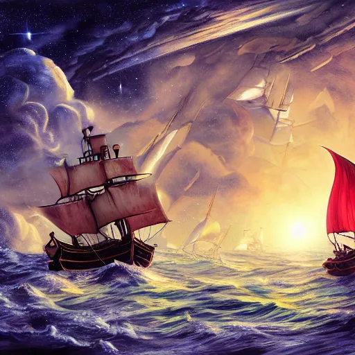 Image similar to pirates sailing the lighthouse in the middle of the galaxy , wide angle shot, diffuse lighting, fantasy, intricate, elegant, highly detailed, lifelike, photorealistic, digital painting, illustration, concept art, smooth, sharp focus, A24!film cinematography