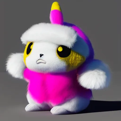 Image similar to extremly detailed pikachu with pink fluffy fur, photorealistic, high details, 8 k, sharp focus, octane render, volumetric light