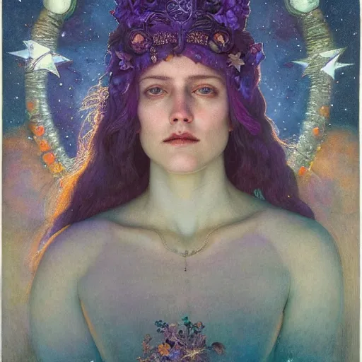 Image similar to queen of the moon with stars in her hair, by tino rodriguez and annie swynnerton and nicholas roerich and jean delville and donato giancola and tom bagshaw and evelyn demorgan, dramatic lighting, floral tattoos, rich colors, smooth sharp focus, extremely detailed, adolf wolfli