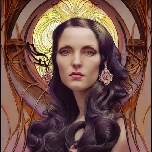 Image similar to an art nouveau, ( streamline moderne ), multi - racial portrait in the style of donato giancola and anna dittmann and charles dulac. very large, clear, expressive, and intelligent eyes. symmetrical, centered, ultrasharp focus, dramatic lighting, photorealistic digital matte painting, intricate ultra detailed background.