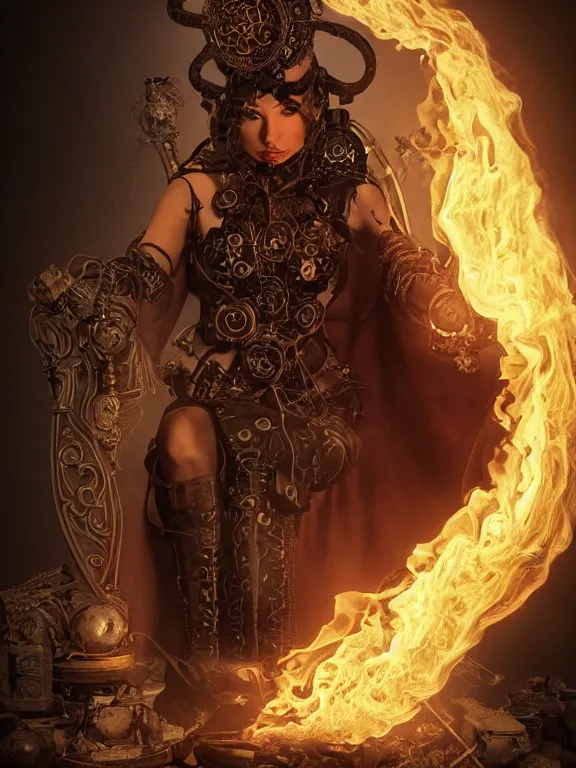 Prompt: evil steampunk pyromancer woman, ornamental halo, black shirt, brown body, tunic, intricate robes, sitting on obsidian throne, fractal fire background, sharp focus, highly detailed, perfect detailed face, cinematic lighting, studio quality, chiaroscuro, smooth render, unreal engine 5 rendered, octane, rendered, by artgerm, greg rutkowski, alphonse mucha