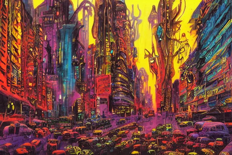 Image similar to surreal colorful nightmarish cityscape, artwork by ralph bakshi