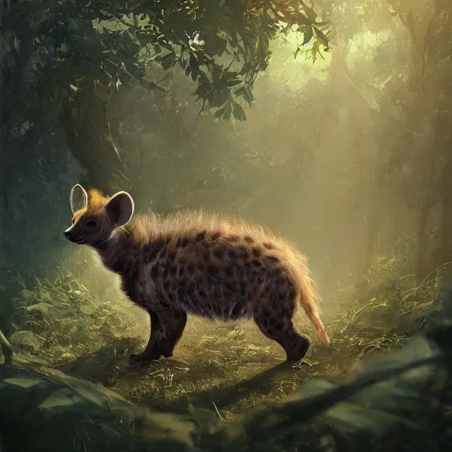 Image similar to a beautiful painting of a cute brown baby hyena in a forest. disney character design by cory loftis, fenghua zhong, ryohei hase, ismail inceoglu and ruan jia. artstation, volumetric light, detailed, photorealistic, rendered in octane