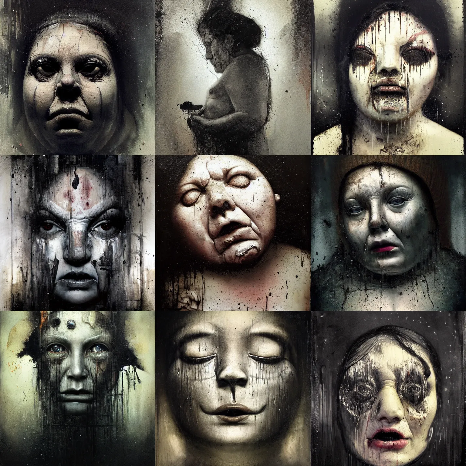 Prompt: portrait of the face of big old sumoringer as despair from sandman, venus of willendorf, by jeremy mann, by gregory crewdson, by bastien lecouffe deharme, by russ mills, sad face, topknot, black hair, mourning, black eyes, white room, soft lightning, high detailed, 8 k