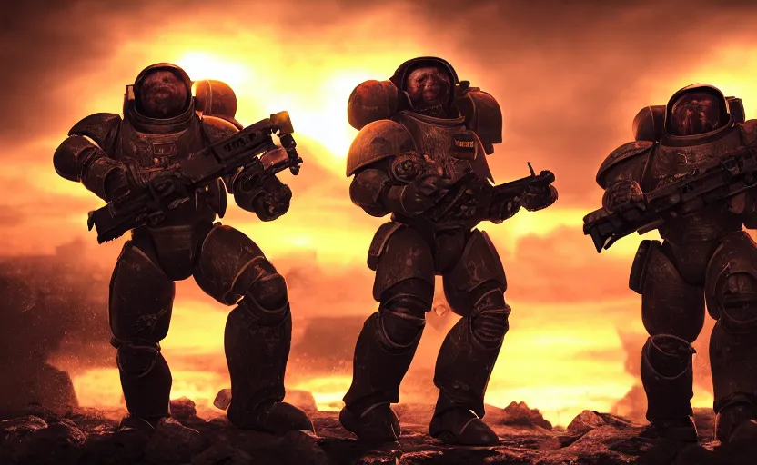 Image similar to gritty comic book cover, 2 beautiful woman space marines!, back to back firing heavy bolters, shouting, pretty eyes, sunset lighting, war silhouette in background, hyper realism, realistic shading, cinematic composition, blender render, octane render, hdr, detailed textures, photorealistic, ultrawide shot, 1 6 mm lens