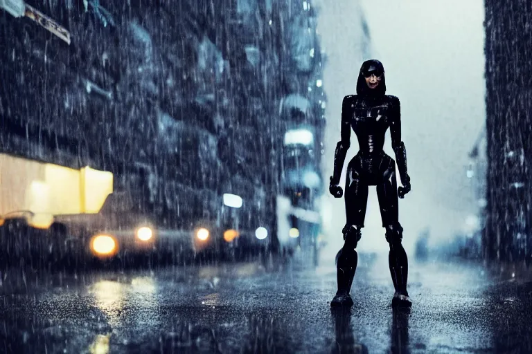 Image similar to vfx marvel sci-fi woman black super hero robot photo real full body action pose, city street cinematic lighting, rain and fog by Emmanuel Lubezki